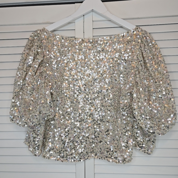 ZARA Puff Sleeve Tulle Sequin Crop Top Pearly Women's Sz Large Holiday Y2K Party - Picture 7 of 15